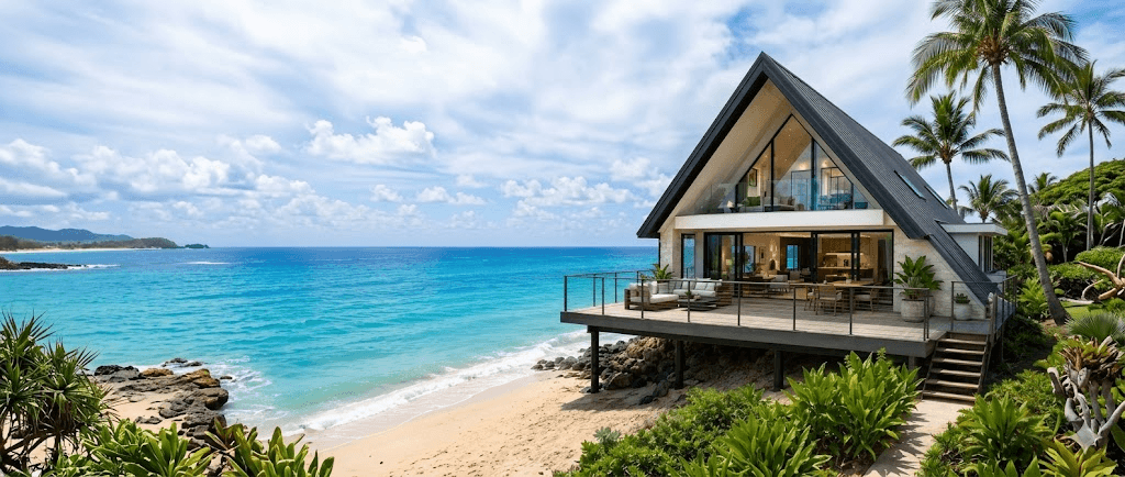Luxury waterfront estate with infinity pool, palm trees, and ocean view at sunset.